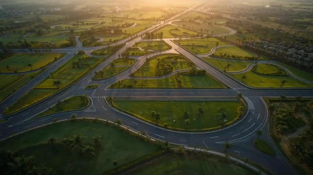 Aerial view of Open Plots in Hyderabad with DTCP and RERA approved layout roads and greenery