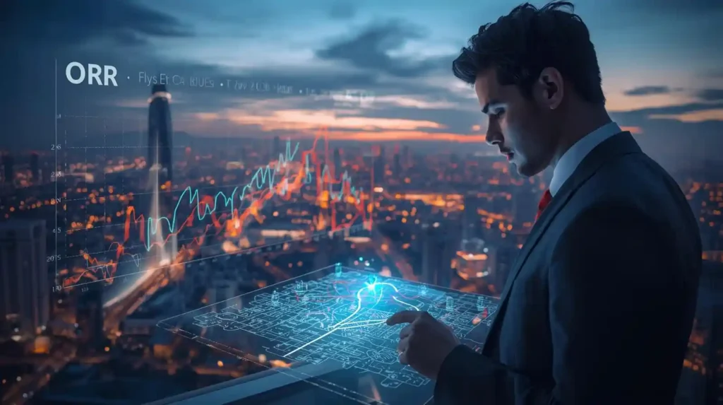 Investor analyzing Open Plots in Hyderabad with ORR and RRR growth zones in the background